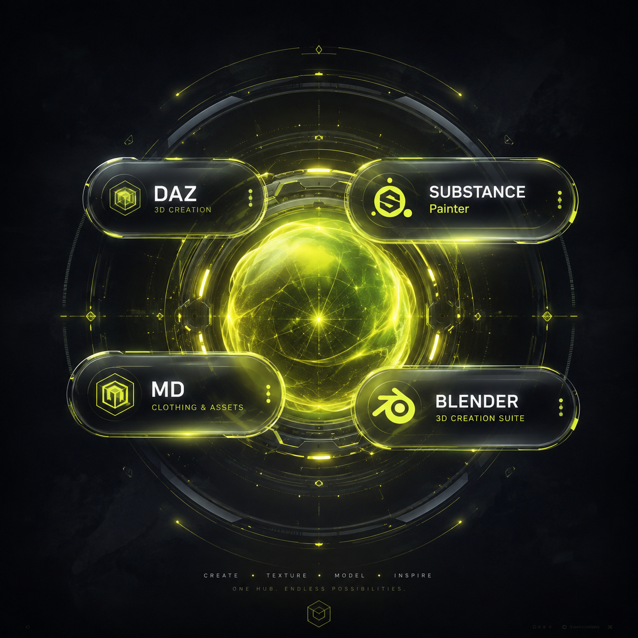 G9 software hub connecting DAZ, Substance Painter, Marvelous Designer, and Blender